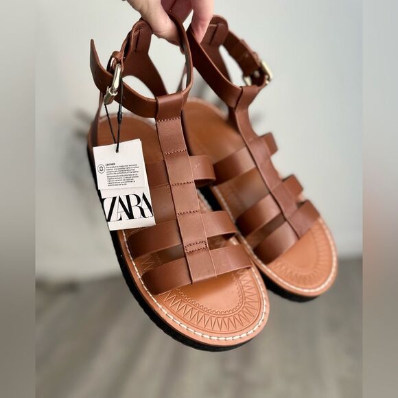 NWT ZARA LEATHER FISHERMAN SANDALS BROWN - Picture 5 of 7